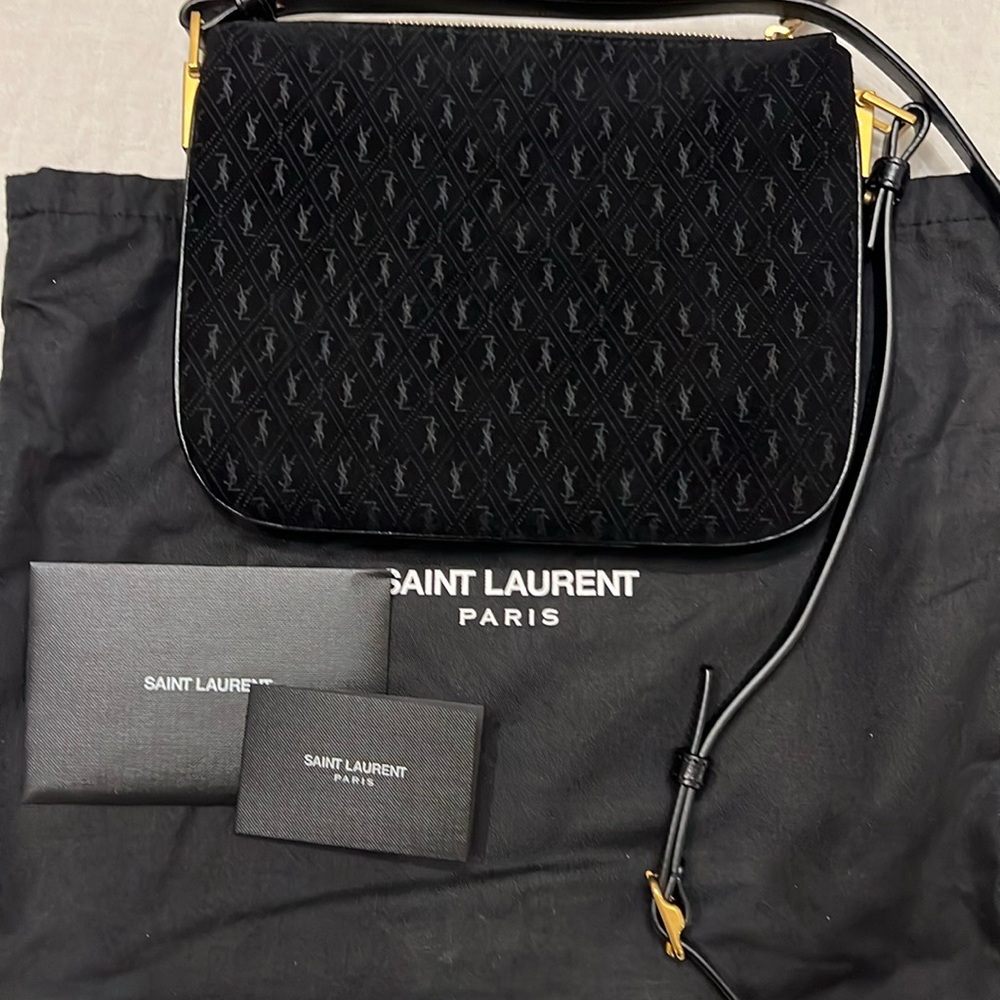 YSL imprinted logo suede bag